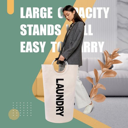 Caroeas 125L Laundry Basket - Large Collapsible Hamper with Padded Handles | Beige, Free-Standing Design