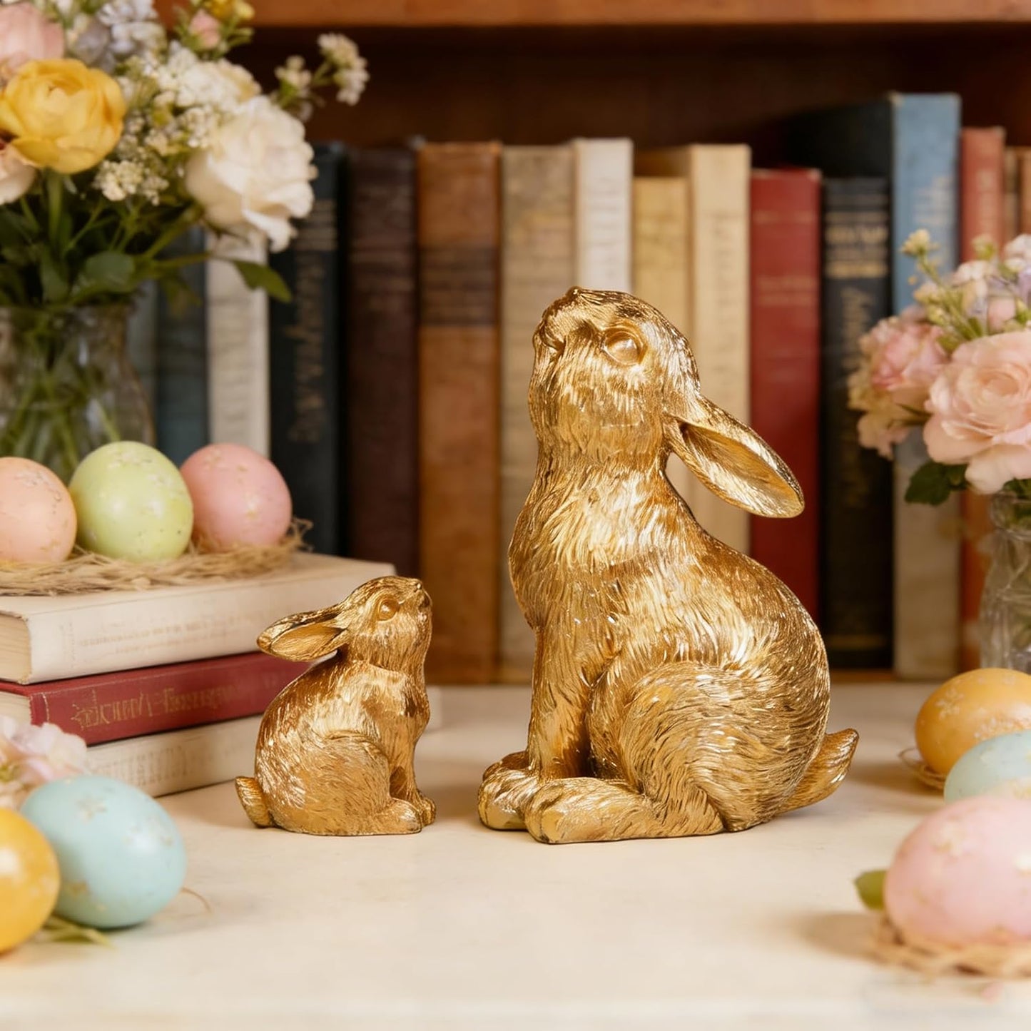 Skiennix Easter Rabbit Resin Statues - Charming Large & Small Outdoor Sculptures | Unique Gold Decor