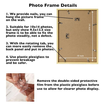 JCJMY 10x14 inch Picture Frame, Horizontal and Vertical Formats for Wall Hanging, 10 x 14 Wall Gallery Poster Photo Frame with Shatter Resistant Plexiglass, Gold