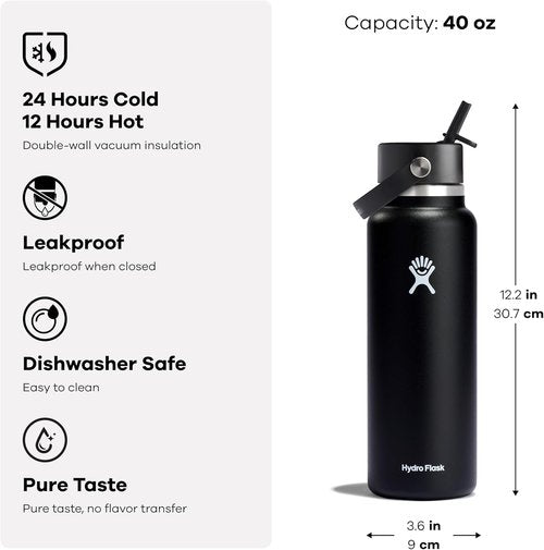 Hydro Flask Water Bottle - Insulated Stainless Steel - 40 Oz Agave Green with Wide Straw Lid