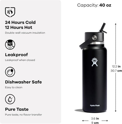 Hydro Flask Water Bottle - Insulated Stainless Steel - Leakproof Wide Straw Lid | 40 Oz Oat Tan