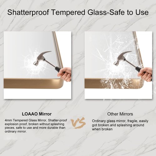 LOAAO 30”X36” Gold Bathroom Mirror, Rounded Rectangle Gold Frame Mirror, Brushed Gold Bathroom Vanity Mirror Wall-Mounted, Anti-Rust, Tempered Glass, Hangs Horizontally or Vertically