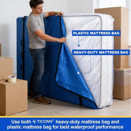 TICONN King Mattress Bag - Heavy Duty Moving Cover with Full-Around Handle & Adjustable Buckles | Blue