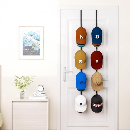 HapiRm Over Door Hat Rack - 8 Hook Organizer for 40 Caps | Stylish Black Storage Solution