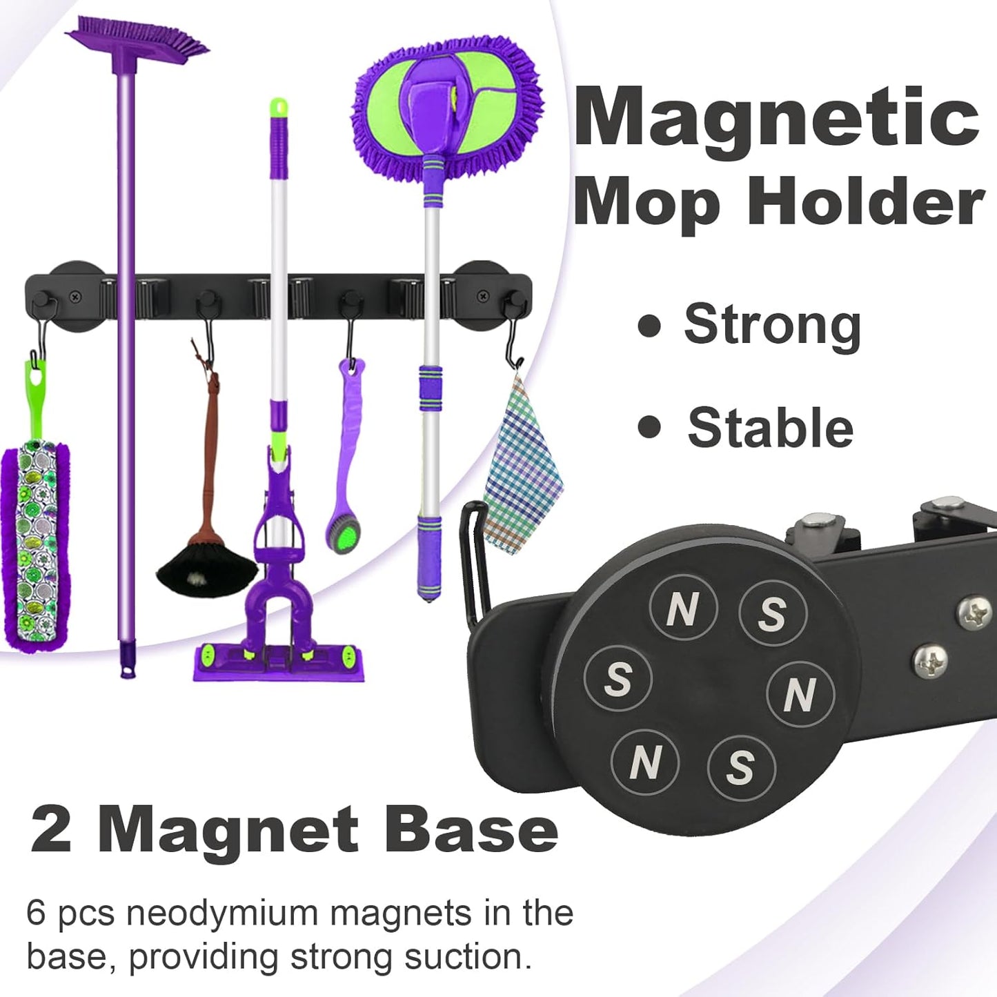 Skiennix Magnetic Mop Holder - Heavy Duty Tool Organizer with Swivel Hooks for Kitchen & Garage