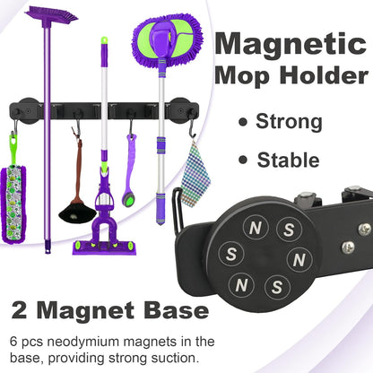 Skiennix Magnetic Mop Holder - Heavy Duty Tool Organizer with Swivel Hooks for Kitchen & Garage
