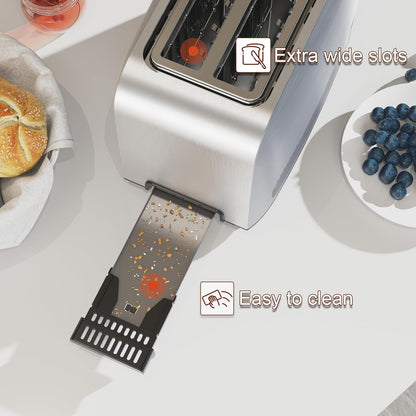 Runnatal 2-Slice Stainless Steel Toaster - Multifunctional with 7 Settings, Defrost & Bagel Functions | Easy to Clean, 120V 800W Silver