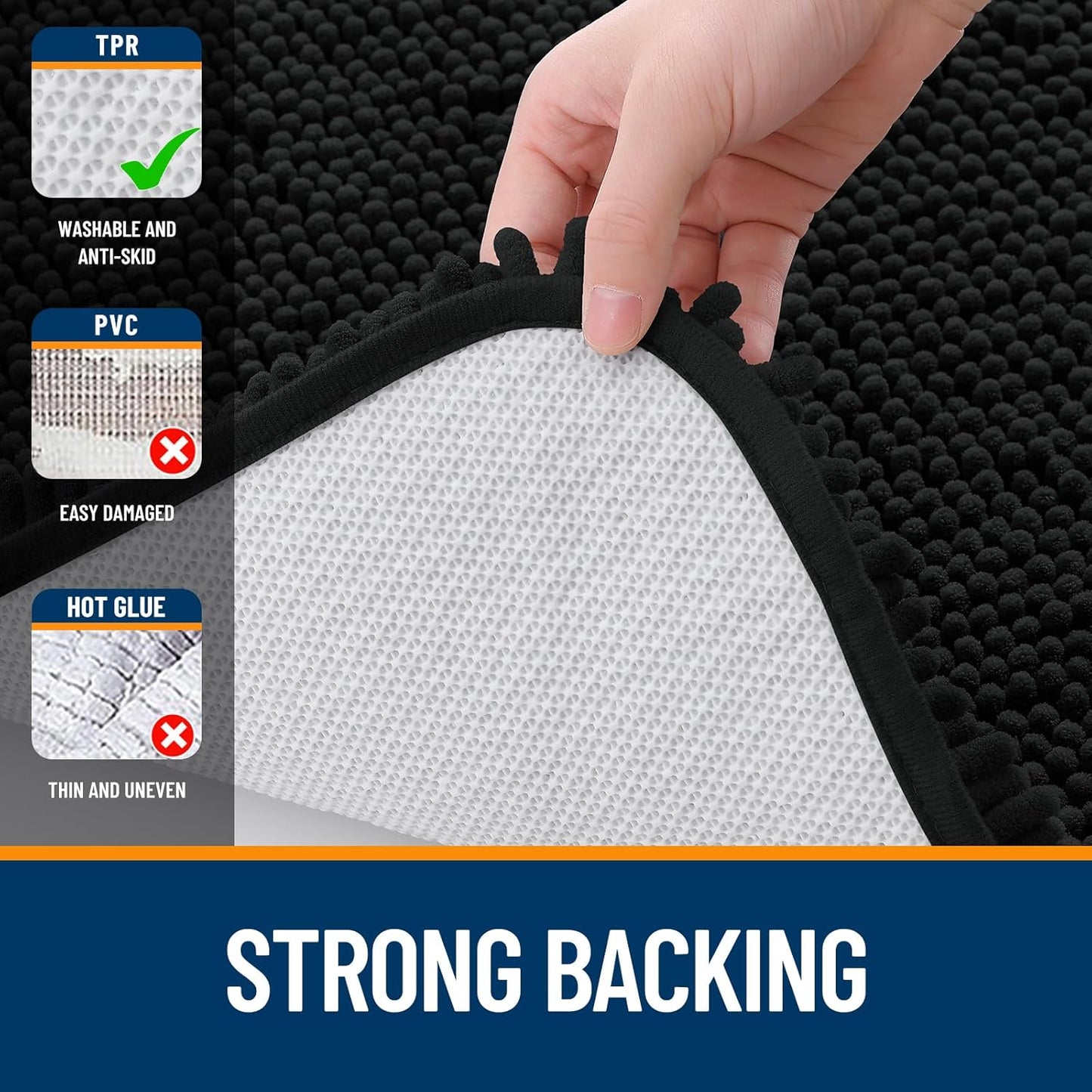 OLANLY Bathroom Rugs - Extra Soft Chenille Bath Mats with Rubber Backing | 24x16, Quick Dry, Machine Washable, Black