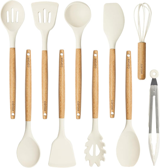 CAROTE Silicone Cooking Utensils Set - 10 Pcs BPA-Free Kitchen Tools with Heat-Resistant Wood Handles | Cream White