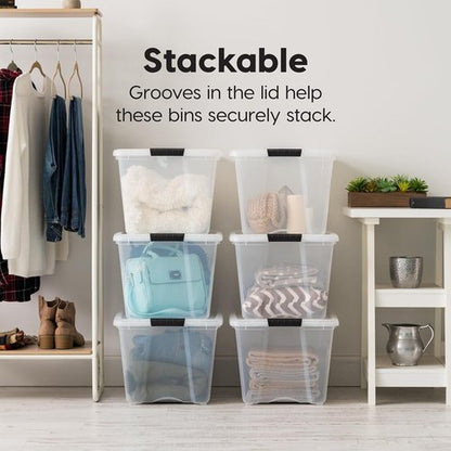 IRIS USA Stackable Storage Bins - 12-Pack 54 Quart Clear Plastic Containers with Lids for Home Organization | Clear/White