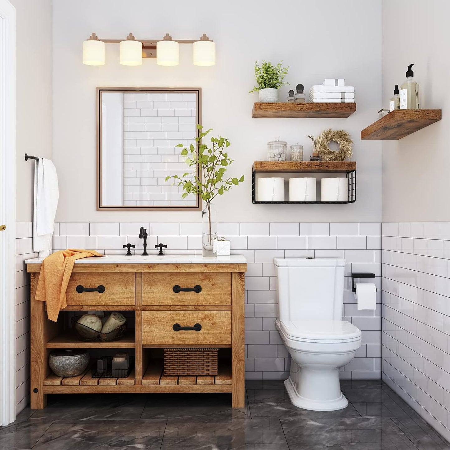 QEEIG Bathroom Shelves Over Toilet - Rustic Brown Wall-Mounted Floating Shelves | Set of 3, 16 Inch Toilet Paper Storage