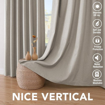 H.VERSAILTEX Linen Blackout Curtains 96 Inches, 100% Absolutely Blackout Thermal Insulated Textured Linen Look Curtain Draperies Anti-Rust Grommet with White Liner, 2 Panels, Stone
