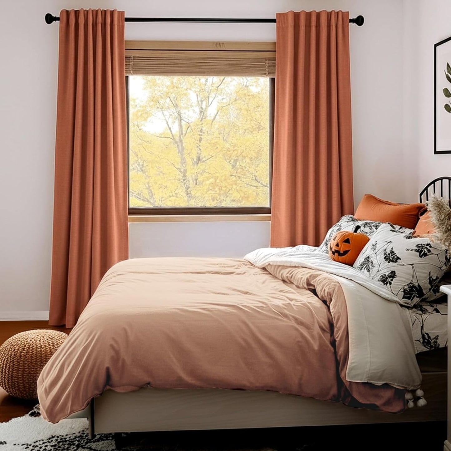 Skiennix 100% Blackout Linen Curtains - Thermal Insulated Drapes for Bedroom | 84" Long, Burnt Orange, 2 Panels Set