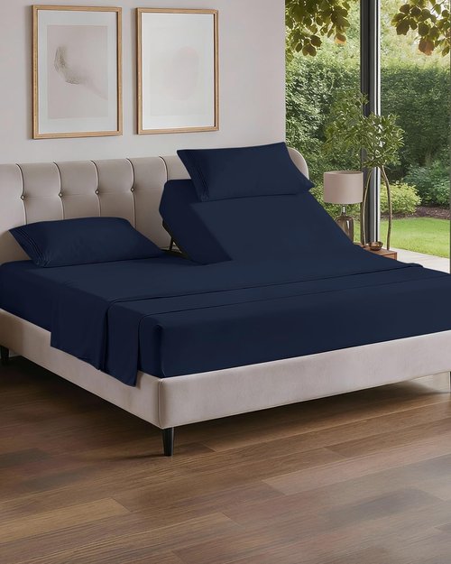Flex Top Split Head King Sheet Set - Comfy Cooling Bed Sheets for Luxurious Sleep | Deep Pocket Navy Blue