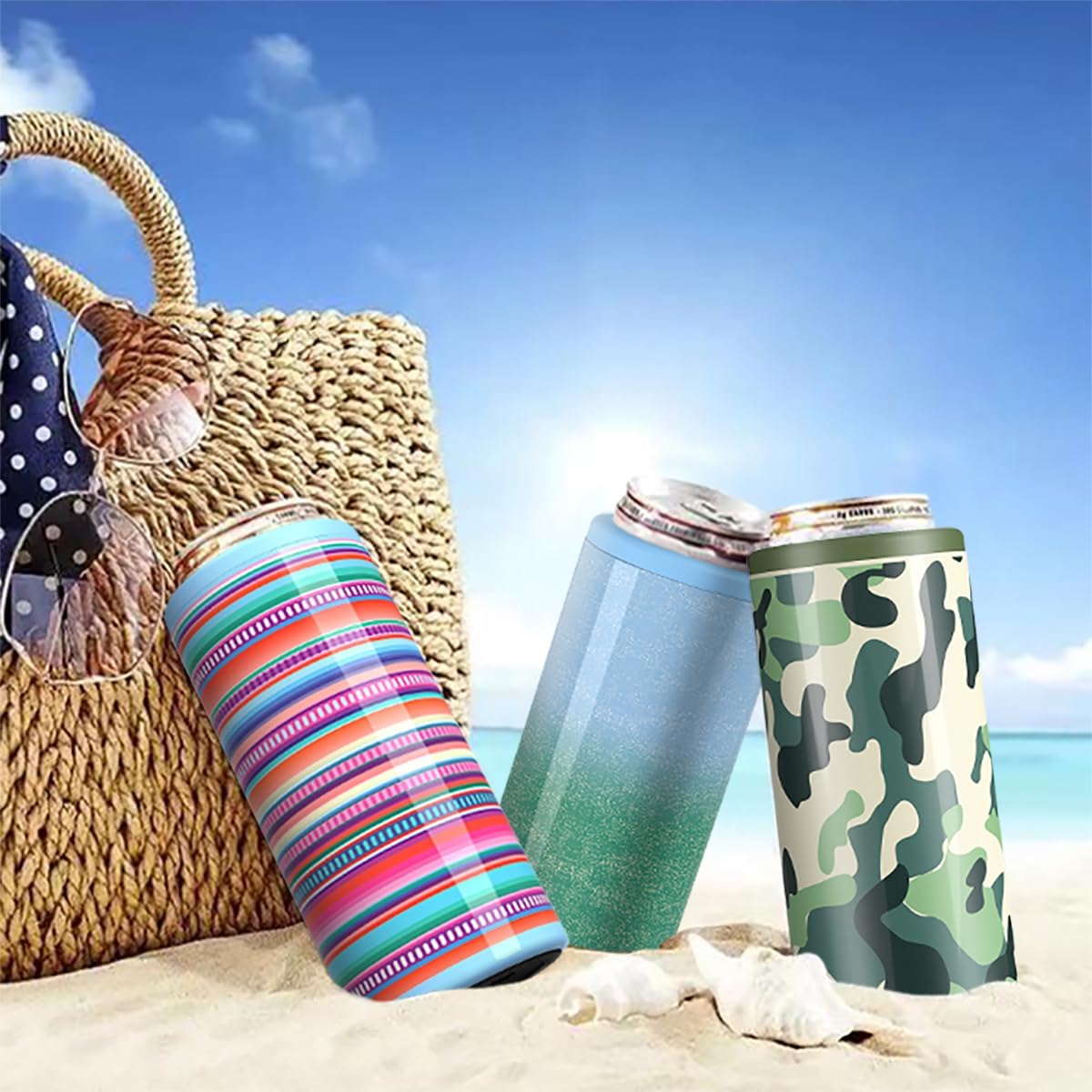 TILUCK Slim Can Cooler - Double-Walled Stainless Steel Insulator for 12 oz Cans | Colorful Stripes