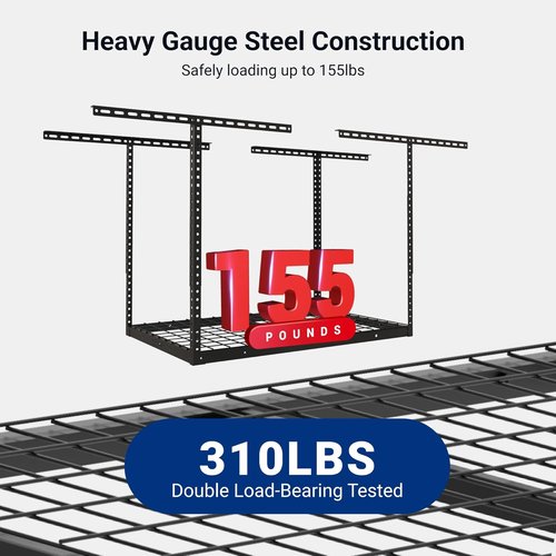FLEXIMOUNTS 2x3 Overhead Garage Storage Rack - Adjustable Heavy-Duty Metal Ceiling Organizer | 155lbs Capacity, Black