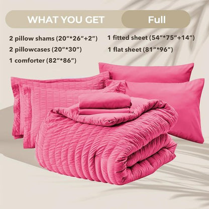 HYMOKEGE Comforter Set - Hot Pink Seersucker Luxury Bedding - 7 Pieces for All Season Comfort