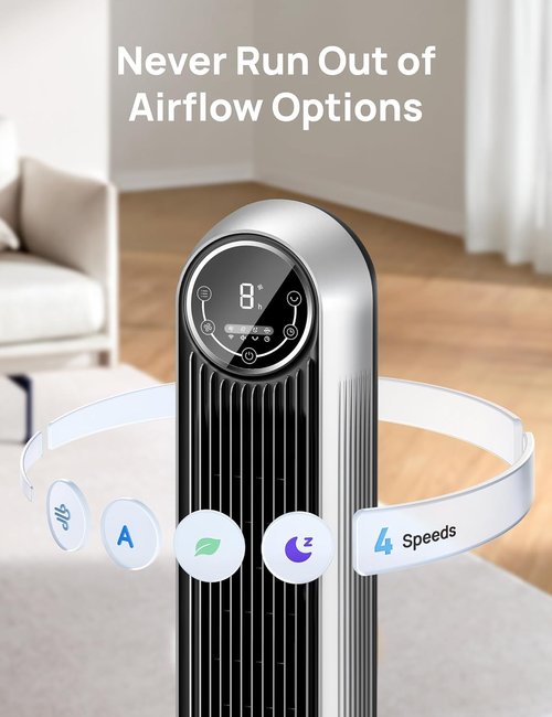 DREO Bladeless Tower Fan - Quiet 90° Oscillation, 4 Speeds & 8H Timer | Silver, Nomad One (DR-HTF007)