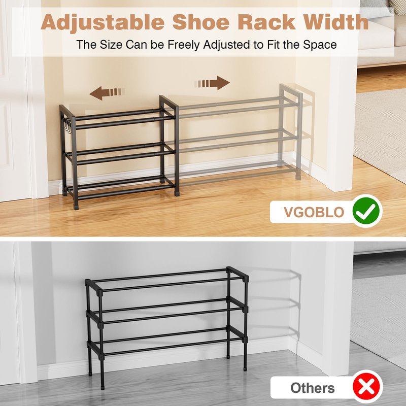 VGOBLO Expandable Shoe Rack - 18.5''- 47'' Adjustable Shoe Rack for Closet, 3 Tier Long Shoe Shelf Storage for 18 Pairs Shoe and Boot, Sturdy Metal Shoe Organizer for Entryway, Garage, Black