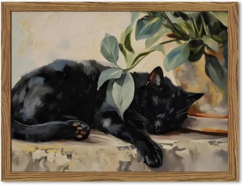 Framed Black Cat Canvas Wall Art - Vintage Sleeping Cat with Plant | Cute Rustic Decor 8x10 Inch