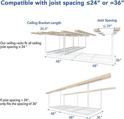 FLEXIMOUNTS 3x8 Overhead Garage Storage Rack - Heavy Duty Metal Ceiling Organizer | 2-Pack, White