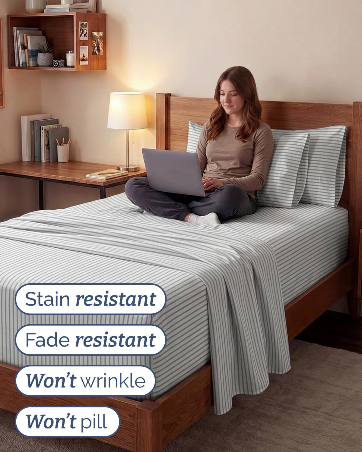 Skiennix Extra Deep Twin XL Sheet Set | 4-Piece Breathable Cooling Bedding - Soft, Wrinkle-Free Grey Stripes
