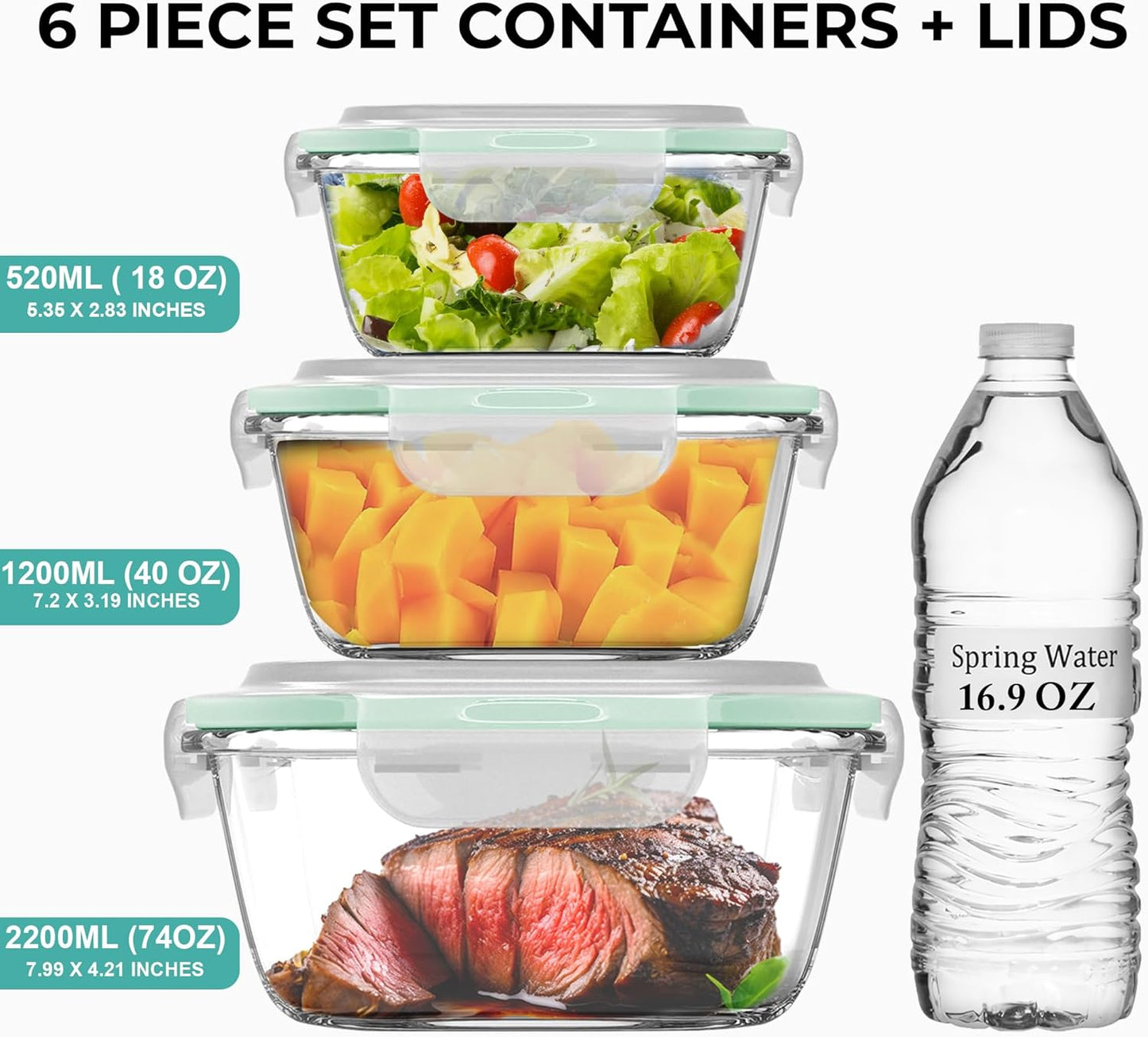 Razab Glass Food Storage Containers Set - 6 PC Airtight Lids, 74/40/18 oz | Reusable Meal Prep, Oven & Dishwasher Safe