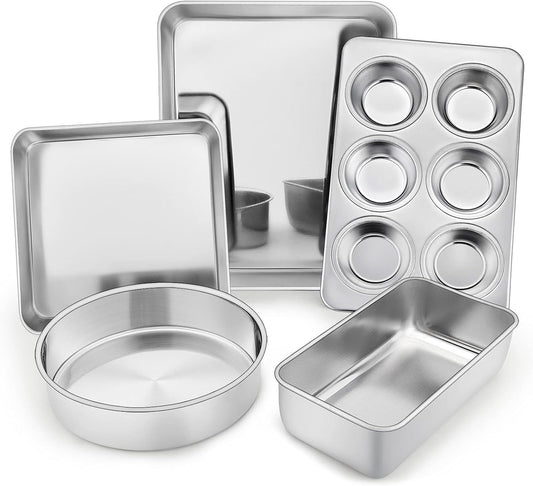 TeamFar Bakeware Set - Stainless Steel Baking Pans for Toaster Oven | Heavy Duty & Dishwasher Safe - 5 Pieces