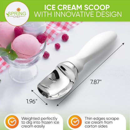 Spring Chef Ice Cream Scoop - Heavy Duty Metal Scooper with Comfortable Handle | Dishwasher Safe Tool for Gelato, Sorbet, and More