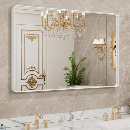 LOAAO Bathroom Mirror - 40x30 Inch White Metal Framed Large Rounded Rectangle | Anti-Rust Tempered Glass