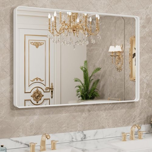 LOAAO White Metal Framed Bathroom Mirror - Large 40x36 Inch Rounded Rectangle, Anti-Rust, Tempered Glass