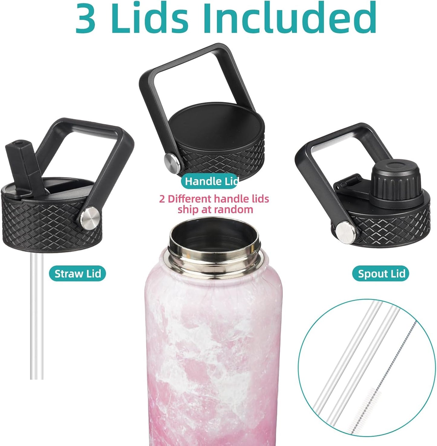 Skiennix 40oz Insulated Stainless Steel Water Bottle - Marble Blossom | 3 Lids Included