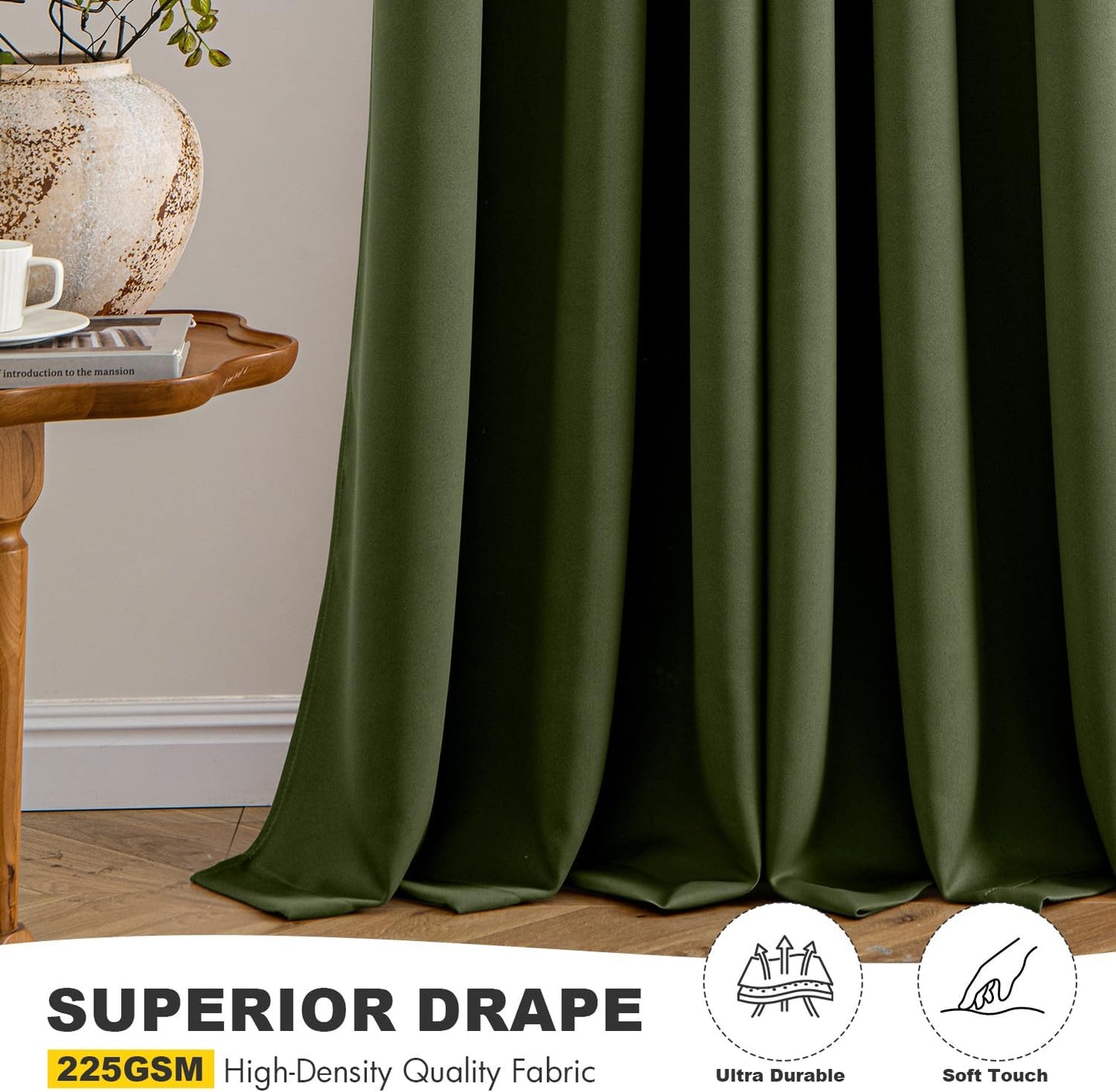 MIULEE Olive Green Blackout Curtains - Thermal Insulated Room Darkening Drapes | 96 Inches Long, 2 Panels