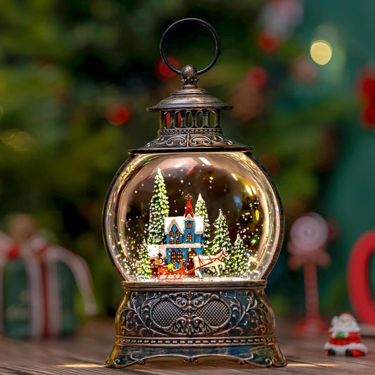 Regine Switzerland Christmas Snow Globe - Musical Water Lantern with Carriage & Blue Church | 6-Hour Timer, USB/Battery Operated for Festive Decor