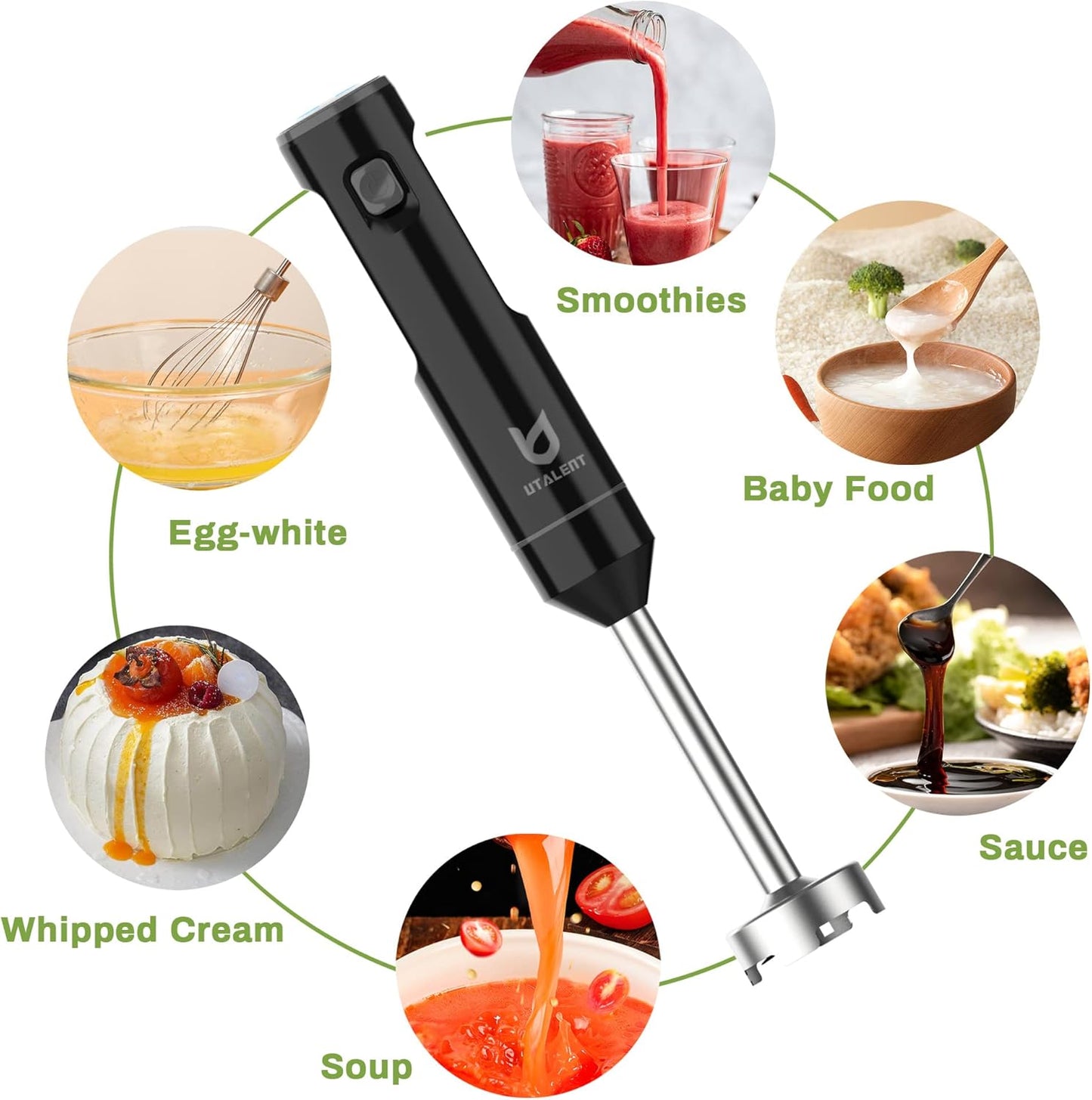 UTALENT Cordless Hand Blender - Variable Speed Immersion Blender with Chopper & Whisk | Black, 500ml & 600ml