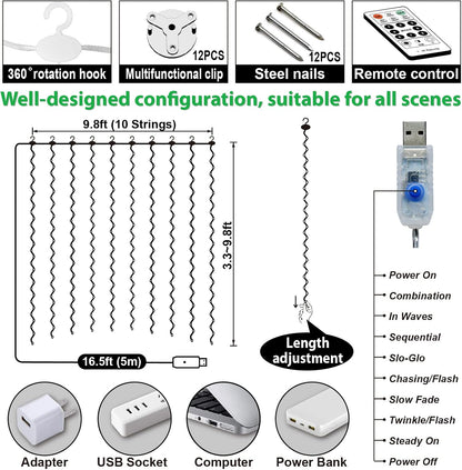 ZSJWL 300 LED Curtain Fairy Lights - Remote Control, 8 Modes, 9.8 x 9.8 Ft, Warm White Twinkle Lights for Bedroom & Events