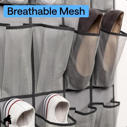 GORILLA GRIP Over The Door Shoe Organizer - 24 Large Breathable Mesh Pockets | Space-Saving Storage in Grey