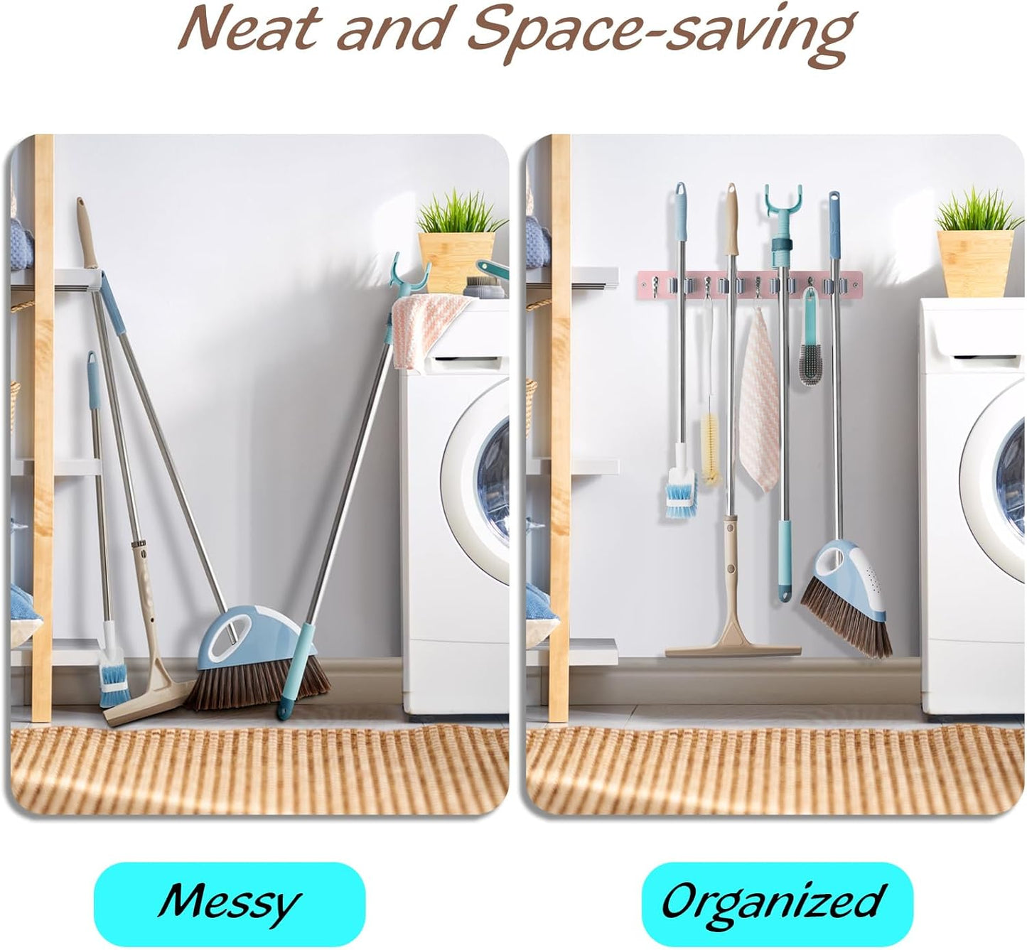 OUTNILI Pink Mop Broom Holder - Wall Mount Organizer with 4 Slots & Hooks for Kitchen Decor