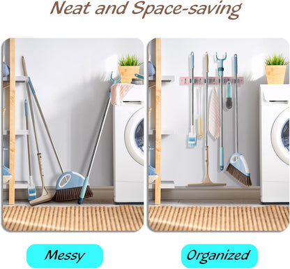 OUTNILI Pink Mop Broom Holder - Wall Mount Organizer with 4 Slots & Hooks for Kitchen Decor