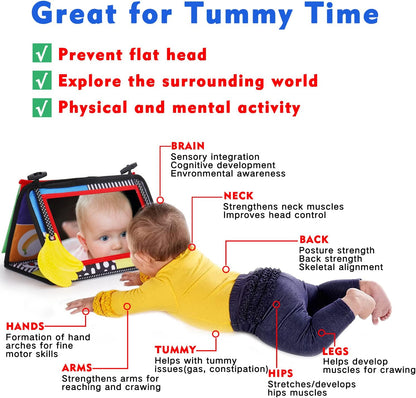 Skiennix Tummy Time Baby Mirror - High Contrast Infant Toy for Brain Development | Includes Crinkle Cloth Book & Teether