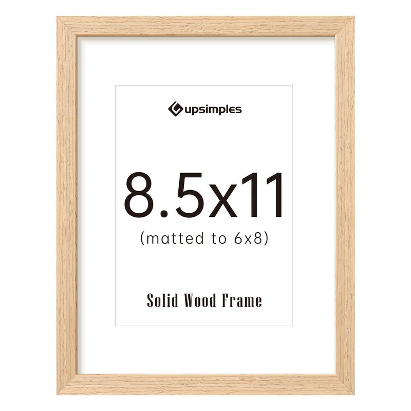 upsimples 8.5 by 11 Picture Frame, Natural Solid Wood Picture Frames, Display 6x8 with Mat or 8.5 x 11 Without, Wall or Tabletop, 1 Pack, Natural