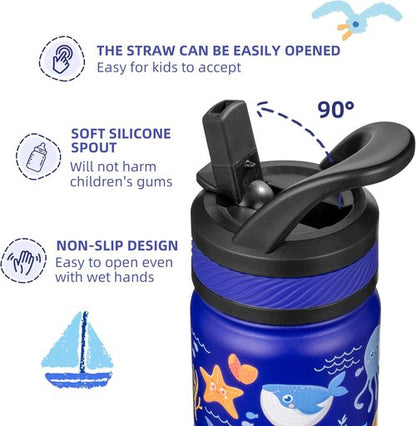 Fanhaw Kids Insulated Water Bottle - 18 Oz Stainless Steel, Leakproof & BPA Free | Blue Ocean Design
