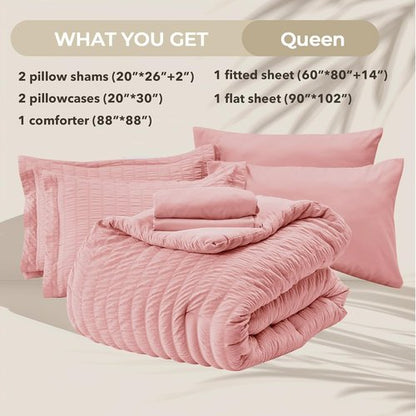 HYMOKEGE Queen Comforter Set - Luxury 7-Piece Seersucker Bedding in Rose Pink | All-Season Comfort