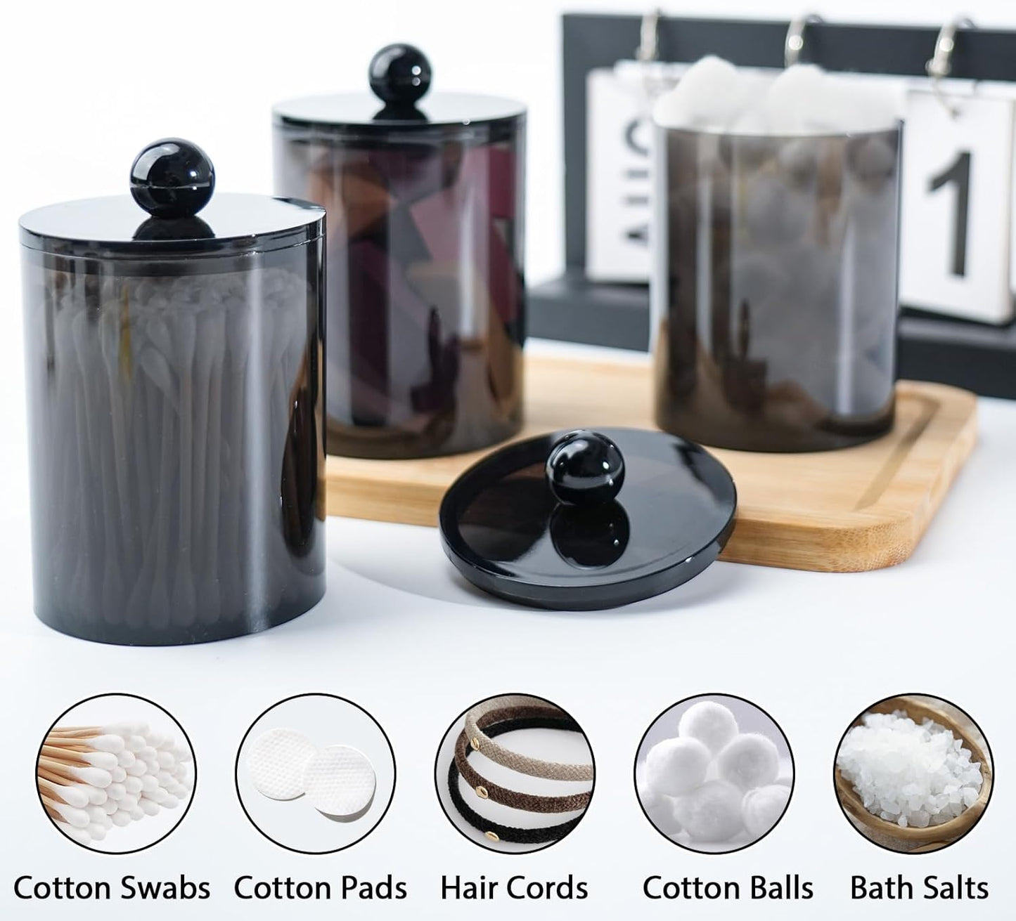 XIPENGKEJI Qtip Holder Set - Stylish Apothecary Jars with Lids for Cotton Swabs & Pads | 10oz-12oz Black
