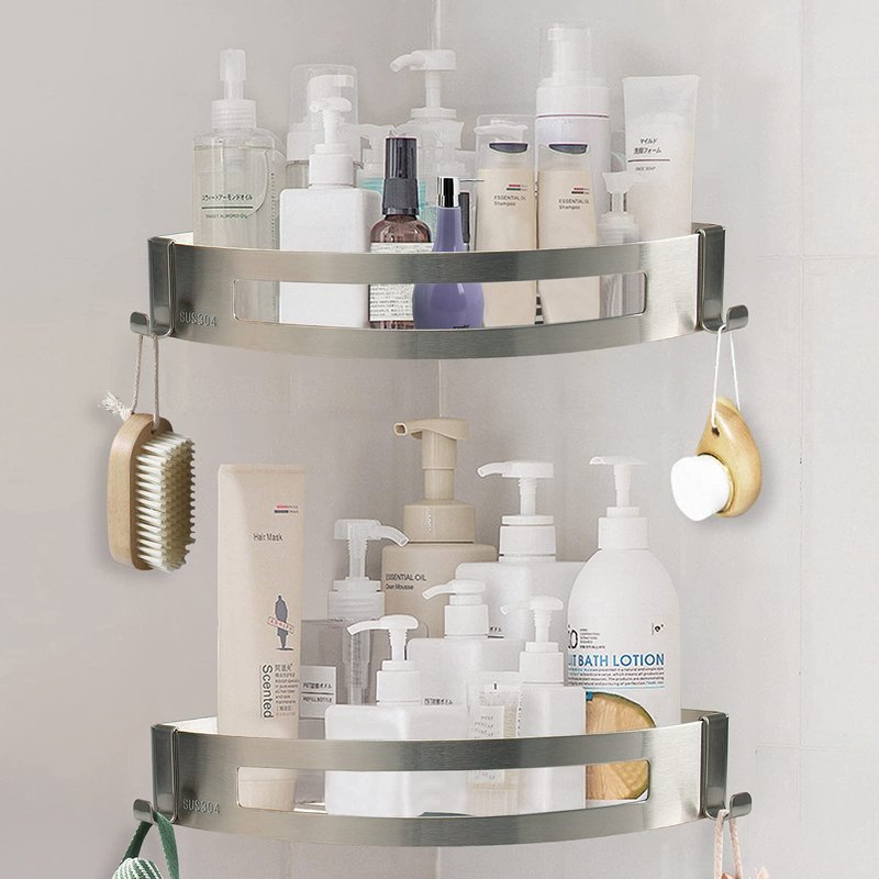 NearMoon Bathroom Shower Caddy 2 Pack, No Drill 304 Stainless Steel Shower Organizer with 2 Hooks (Corner Shelf, Brushed Nickel)