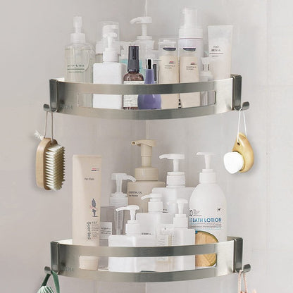 NearMoon Bathroom Shower Caddy 2 Pack, No Drill 304 Stainless Steel Shower Organizer with 2 Hooks (Corner Shelf, Brushed Nickel)