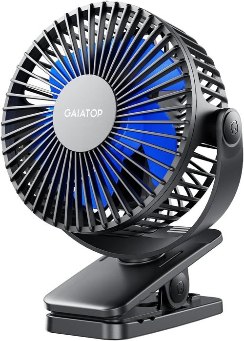 Gaiatop Portable Clip-On Fan - Battery Operated Mini Cooling Fan with 3 Speed Settings | USB Rechargeable, 360° Rotation, Ideal for Home, Office, and Camping - Black & Blue