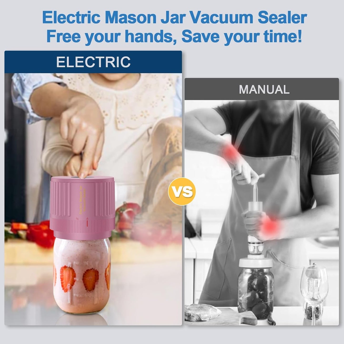Skiennix Electric Mason Jar Vacuum Sealer Kit - Ideal for Wide & Regular Mouth Jars - Pink