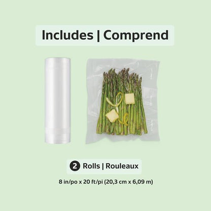 FoodSaver Vacuum Sealer Bags - Custom Fit Airtight Food Storage & Sous Vide | 8" x 20' (Pack of 2)