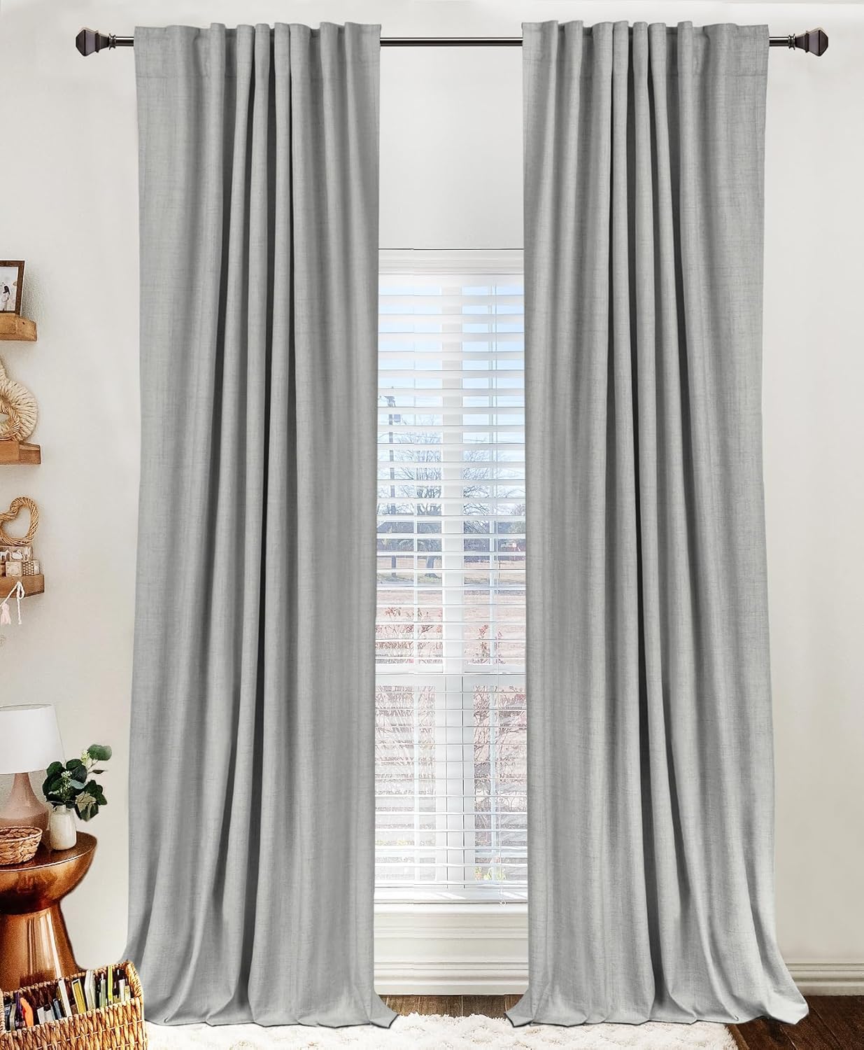 Skiennix 100% Blackout Linen Curtains - Thermal Insulated Drapes, 84" Long, Ash Grey, 2 Panels Set